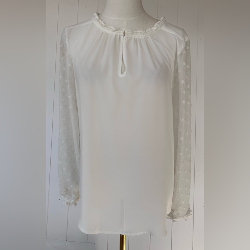 HD in Paris by Anthropologie Josie Clipdot Blouse Chiffon‎ Sleeves Ivory Size 8